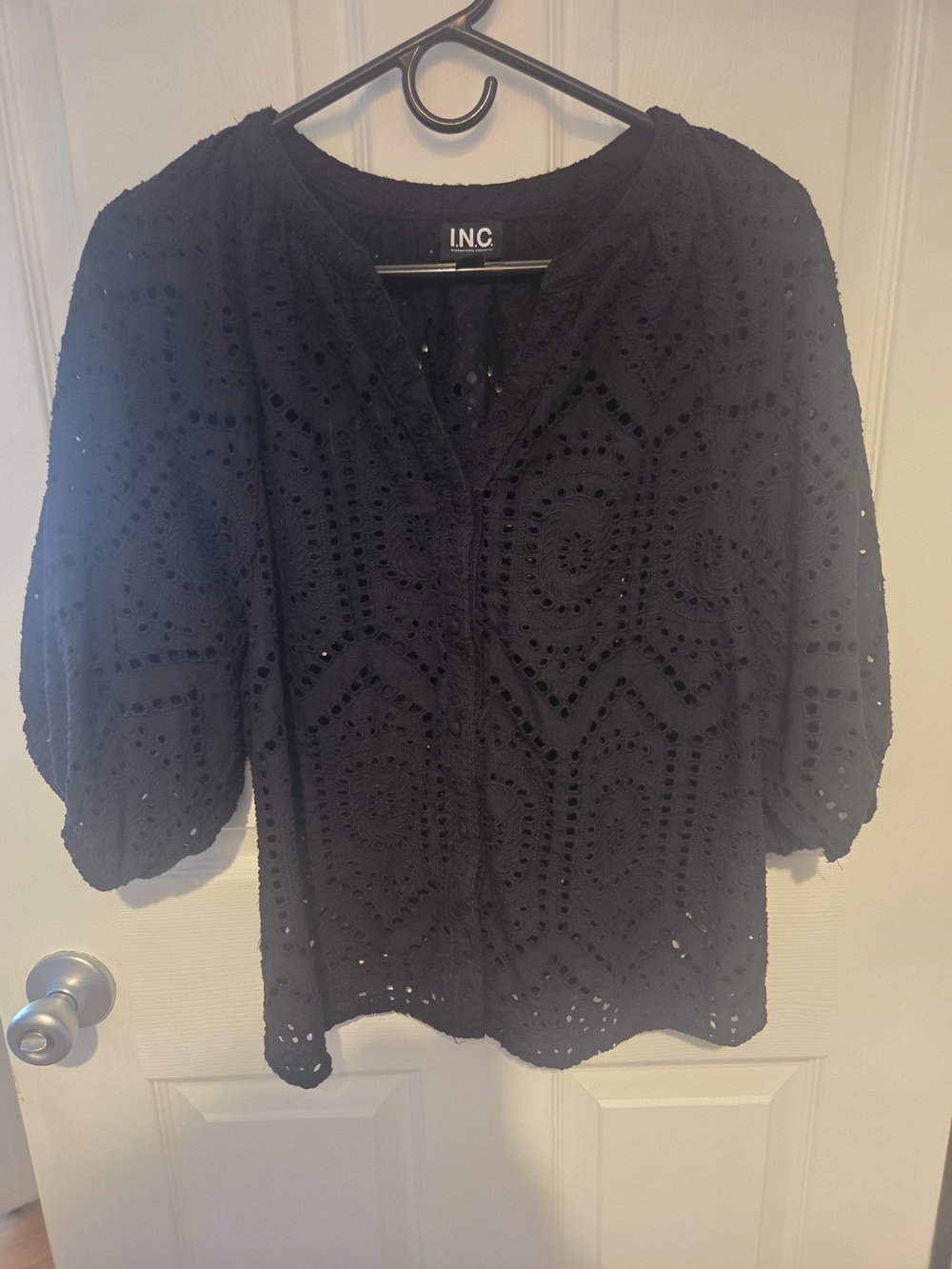 INC International Concepts Black Eyelet Button-Front Blouse